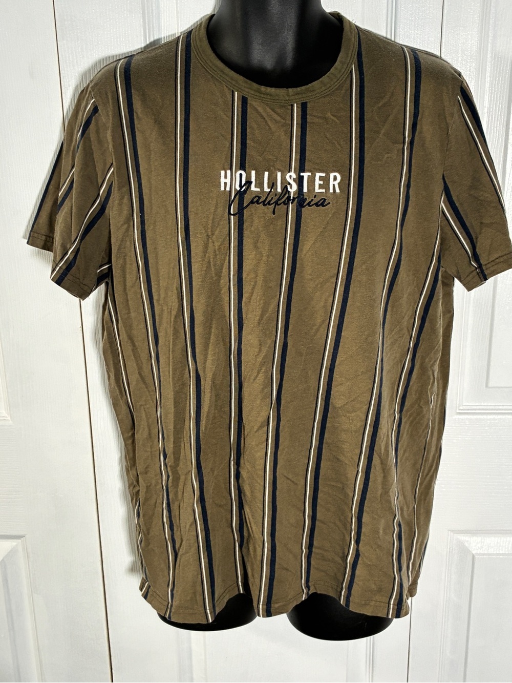 Hollister Co. Khaki Olive Green Striped Logo Y2K Shirt